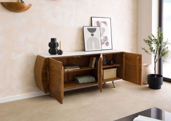 Sideboard Akazie 184x40x75 natur lackiert / Marmor weiß MONTREAL #128