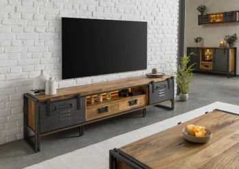 TV-Board Mango / Altholz 220x45x55 natur / grau lackiert / Metall grau BLACKBURN LUX #412