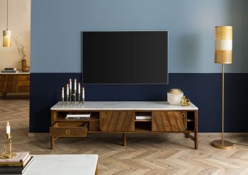 TV-Board Mango 180x45x50 braun geölt / echter Marmor LOS ANGELES #02