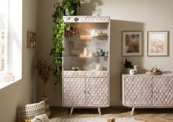 Vitrine Akazie 90x42x190 weiß lackiert MOSAYK #214