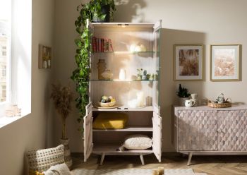 Vitrine Akazie 90x42x190 weiß lackiert MOSAYK #214