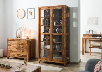 Vitrine Sheesham 100x45x195 braun lackiert ANCONA #116