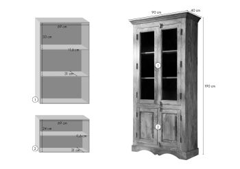Vitrine Sheesham 90x40x190 grau geölt LEEDS #47