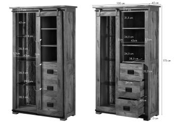 Vitrine Mango / Altholz 100x45x175 natur lackiert RAILWAY LUX #125