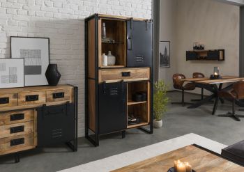 Wohnzimmerschrank Mango 105x45x195 natur klar lackiert / Metall schwarz BLACKBURN #105