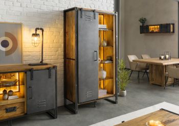 Schrank Mango / Altholz 105x45x195 natur / grau lackiert / Metall grau BLACKBURN LUX #404