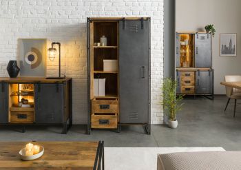 Schrank Mango / Altholz 105x45x195 natur / grau lackiert / Metall grau BLACKBURN LUX #404