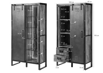 Schrank Mango / Altholz 105x45x195 natur / grau lackiert / Metall grau BLACKBURN LUX #404
