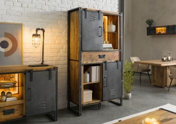 Schrank Mango / Altholz 105x45x195 natur / grau lackiert / Metall grau BLACKBURN LUX #405