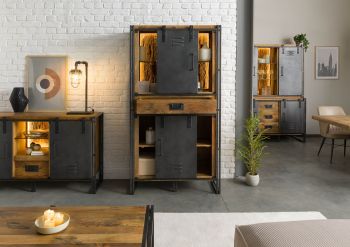 Schrank Mango / Altholz 105x45x195 natur / grau lackiert / Metall grau BLACKBURN LUX #405