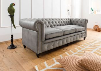 Sofa 3-Sitzer Echtleder 216x82x75 grau CHESTERFIELD #203