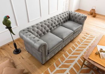 Sofa 3-Sitzer Echtleder 216x82x75 grau CHESTERFIELD #203