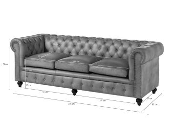 Sofa 3-Sitzer Echtleder 216x82x75 grau CHESTERFIELD #203