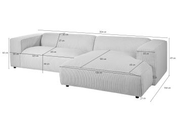 Ecksofa 304x164x69 Ottomane rechts Cord elfenbein VALENCIA