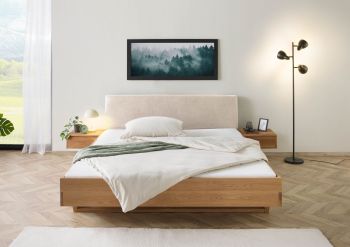 Bett mit Nachttischen Eiche 200x200x85 natur geölt, Kopfteil beige FICHTELBERG #136