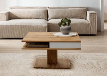 Couchtisch Wildeiche 85x85x45 natur geölt / Glas weiß WIEN #100