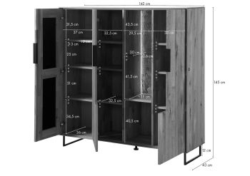Highboard Wildeiche mit Glastür 142x43x145 natur geölt LINDAU #117