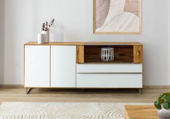 Sideboard Wildeiche 200x43x87 natur geölt / Glas weiß WIEN #121