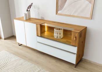 Sideboard Wildeiche 200x43x87 natur geölt / Glas weiß WIEN #121