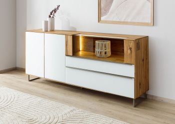 Sideboard Wildeiche 200x43x87 natur geölt / Glas weiß WIEN #121