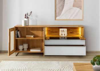 Sideboard Wildeiche 200x43x87 natur geölt / Glas weiß WIEN #121