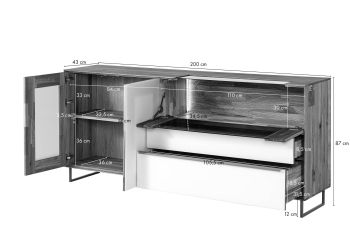 Sideboard Wildeiche 200x43x87 natur geölt / Glas weiß WIEN #121
