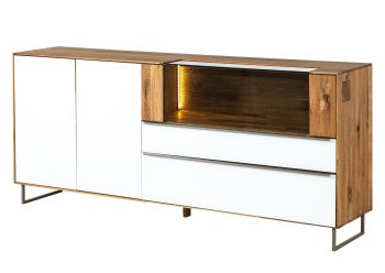 Sideboard Wildeiche 200x43x87 natur geölt / Glas weiß WIEN #121