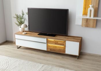 Lowboard Wildeiche 200x43x52 natur geölt / Glas weiß WIEN #105
