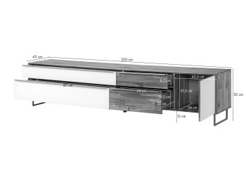 Lowboard Wildeiche 200x43x52 natur geölt / Glas weiß WIEN #105