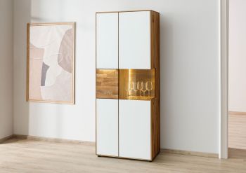 Schrank Wildeiche 80x43x200 natur geölt / Glas weiß WIEN #140